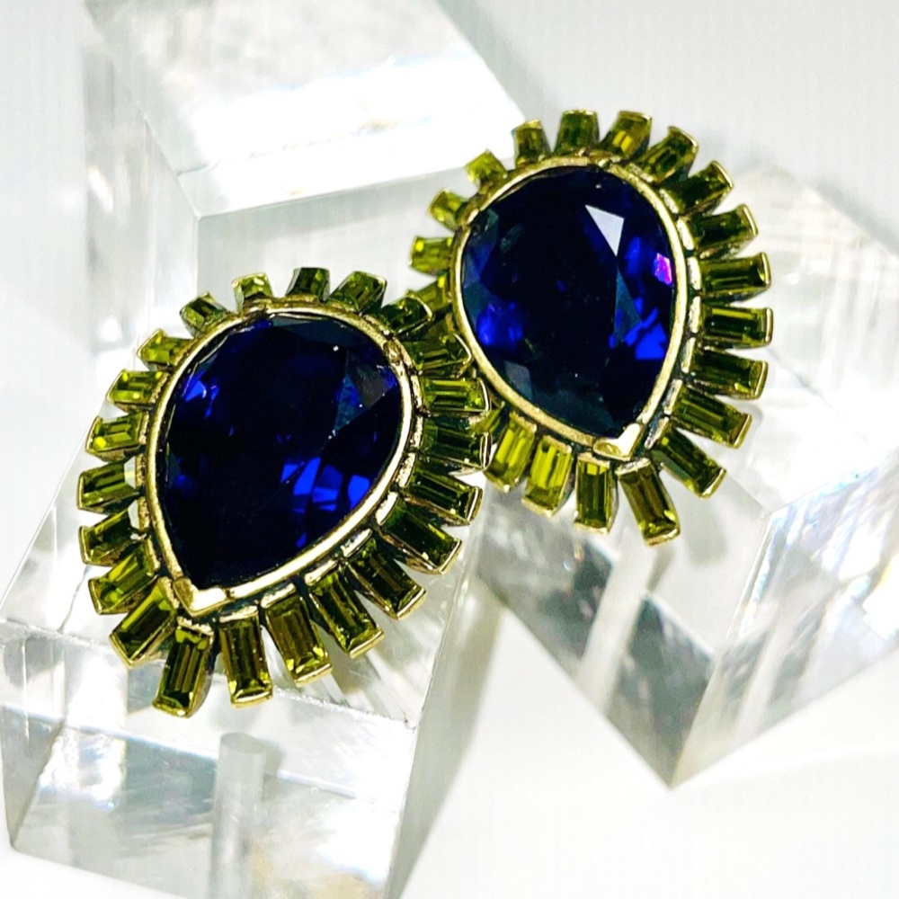 Heidi Daus Clip Earrings Cobalt Blue Teardrop Center Stone with Green Baguettes